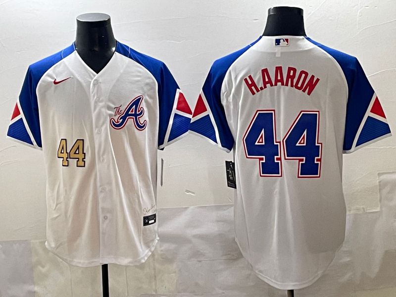 Men 2025 Atlanta Braves #44 H.Aaron White blue City Edition Nike MLB Jersey style 2
